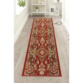 English Home Custom Size Anti Slip Low Profile Loop Pile Chandelier Floral Red Design Runner Rug (Red, 26" x 12')