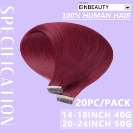 EINbeauty Tape Extensions Real Hair 20 Pieces Extensions Real Hair 40 cm 40 g Burgundy Tape In Extensions Real Hair Invisible Real Hair Extensions Tape Straight Hair Extensions for Women (16 Inches, 99J#)