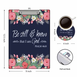 Plastic Clipboard with Cute Coaster, Stardard A4 Letter Size Clipboard 9" x 12.5" with Low Profile Clip, Cute Clipboard for Students, Women, Man and Kids, Floral Quote Bible Verses Psalm 46:10