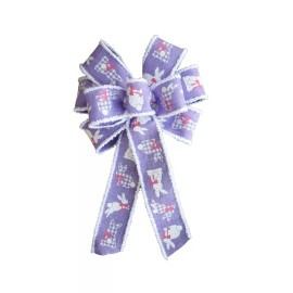 Dogwood Farm Market Easter Wired Wreath Bow - 10" across- Handmade - Purple Bunny Spring White Edge