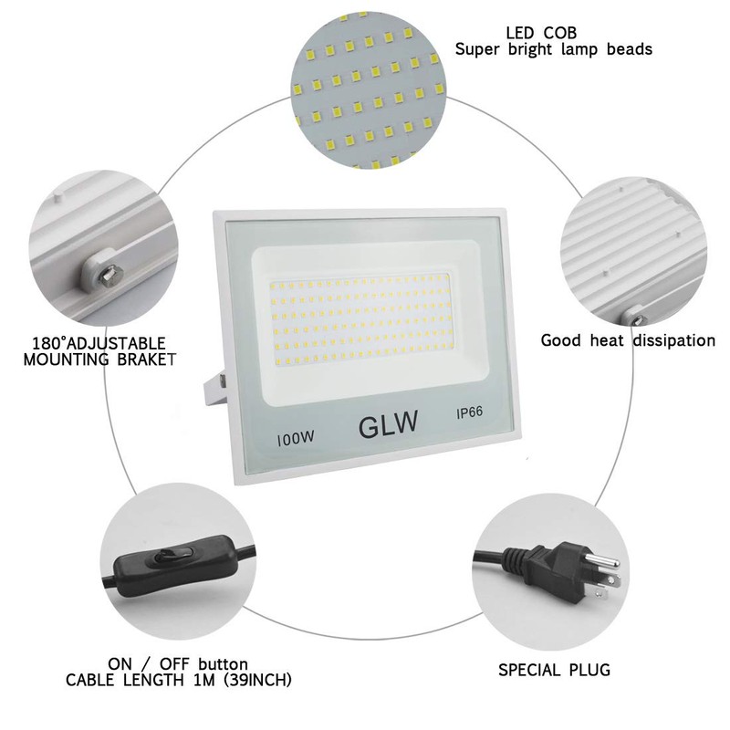 GLW 2 Pack 100W LED Flood Lights Outdoor,10000LM Super Bright