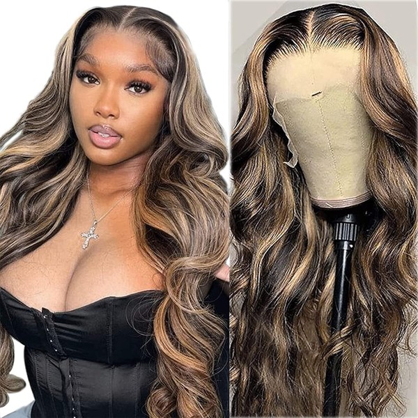 JcziJcx Wig Human Hair Wig Women's Lace Front Wig P4/30 Body Wave Wig Higlight Wig 4x4 HD Lace Closure Wig Ombre Brown Human Hair Wig Glueless Wig Human Hair 150% Density 26 Inches