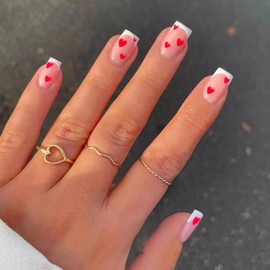 MERVF White French Tip Press on Nails Medium Fake Nails Red Heart Square Glue on Nails Press ons with Design Squoval Acrylic Nails 24pcs Glossy False Nails