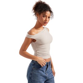 SUUKSESS Women Off Shoulder Tops Sleeveless Shirts Y2K Trendy Going Out Crop Tank Top (Stone,S)