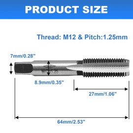 Litoexpe 2 Pcs M12 x 1.25 Metric Hand Tap, Right Hand HSS Threading Milling Tap Tool