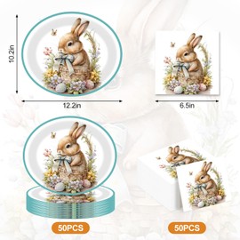 LGJkYF 100PCS Easter Oval Paper Plate and Napkins Sets,10" X 12" Large Paper Plate Bunny Rabbit Disposable Serving Dish Tray and 6.5' Rabbit Napkins for Easter Party Wedding Spring Holiday Supplies | LGJkYF