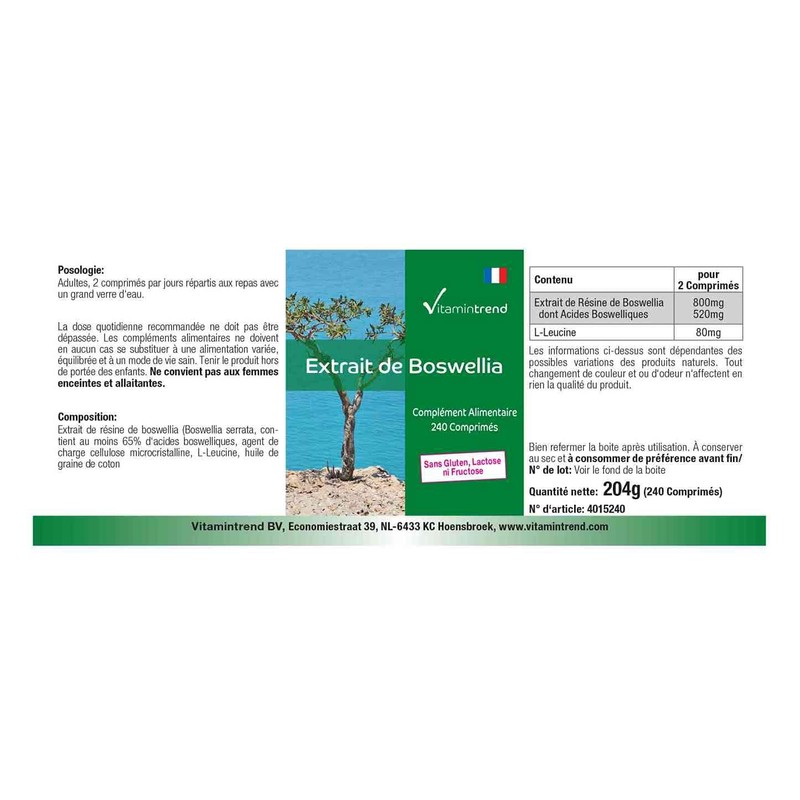 Boswellia Frankincense 400 mg Extract 240 Tablets Vegan 65% Boswellia