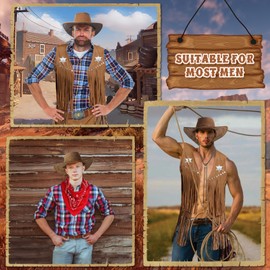 9 Piece Cowboy Costume Accessory Set for Men, Western Cowboy Cosplay Clothing Kit with Hat Tassel Vest Bandana Holster Belt Bolo Buckle Tie Necklace Sheriff Badge for Carnival Fancing