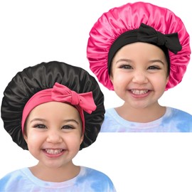 Gorro de pelo de seda satinado: 2 capos para niños con banda ajustable para dormir y dormir cómodo (negro y rosa caliente), Black & Hotpink, Small