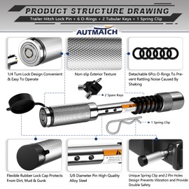 AUTMATCH Trailer Hitch Lock - 5/8" Hitch Receiver Pin Lock Fits Class III IV 2" & 2-1/2" Receiver, Anti-Theft Trailer Receiver Lock with Anti-Rattle O-Rings for Tow Truck Bike Car Boat, Silver
