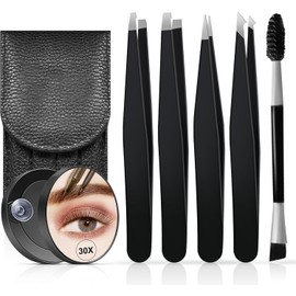 Hebterrka 6-Teiliges Pinzetten Set Mit 30X Vergrößerungsspiegel, Enthält Flache, Abgewinkelte, Spitzige Und Schräge Pinzetten, Augenbrauen Bürste Für Präzises Zupfen Und Kosmetik