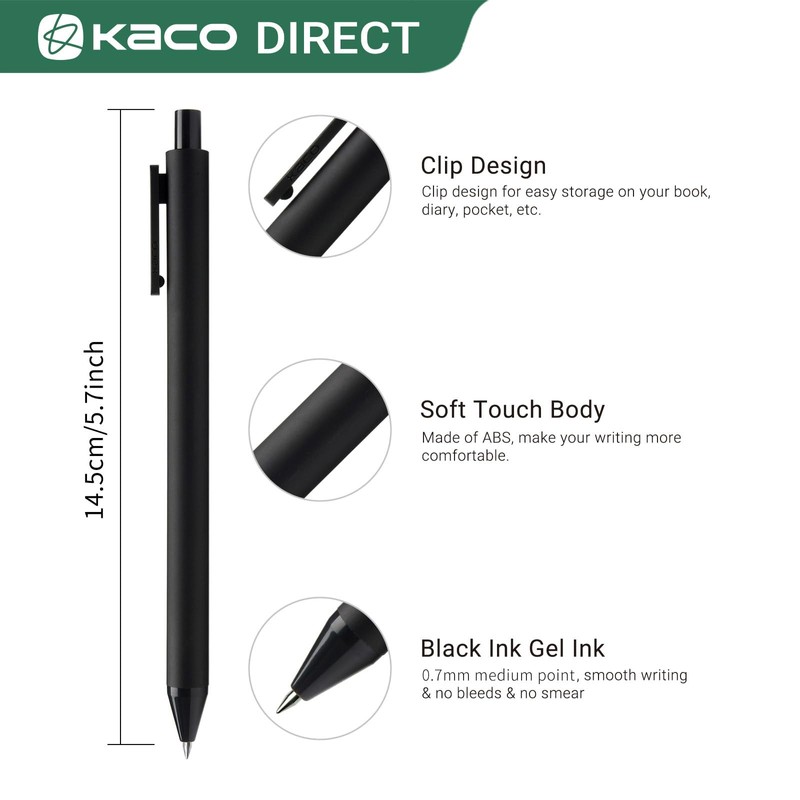 Kaco PURE Gel Pens Black Ink 0.7 mm Medium Point,