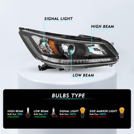 TUSDAR Headlight Assembly w/o LED DRL Set for 2013 2014 2015 Honda Accord Sedan 4-Door Halogen Projector Headlamp OE Style Driver and Passenger Side