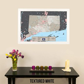 Connecticut Push Pin Travel Map with Pins - Earth Toned - Textured White Frame - 27.5 inches x 39.5 inches
