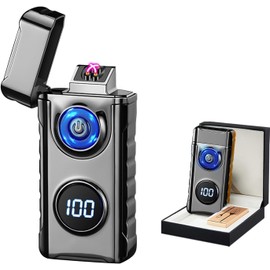 Electric Lighters Plasma Lighters Rechargeable with with LED LED Display and LED Emergency Lights Windproof USB Rechargeable Lighter Cool Lighte for Candle,Camping,Gift(Black)