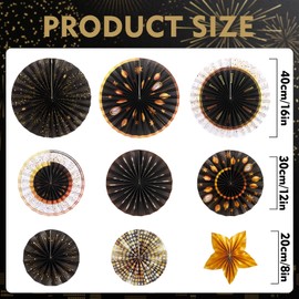 New Year Decorations 2025 Black and Gold Party Decorations New Year Hanging Paper Fans Black and Gold Party Wall Decoration Set for New Year Classroom Birthday Indoor Decor