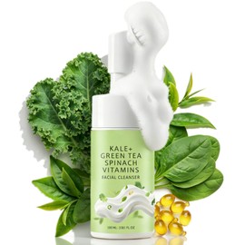 Gentle Foaming Facial Cleanser with Green Tea, Kale & Spinach, Hydrating Gel-to-Foam Face Wash for Dry & Sensitive Skin, Non-Stripping Daily Cleanser with Soft Brush, Morning Clean 3.38 Fl Oz