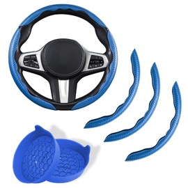 3 Piece Carbon Fiber Steering Wheel Cover,Car Steering Wheel Protector with Non-Slip Lining,Breathable Microfiber Universal for 14.5-15 inch,Blue