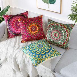 Artscope Cozy Cushion Covers, Pack of 4 Soft Velvet Mandala Dahlia Print Pattern Decorative Throw Pillow Covers Cases for Sofa Couch Bedroom Living Room Home Decor 45x45CM