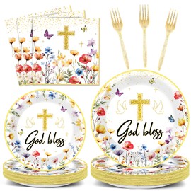 96PCS God Bless Baptism Party Plates And Napkins, Wildflower Christening Baby Shower Decorations for Gold Cross White Dove Floral Party Dessert Plates, First Holy Communion Tableware Decor, Serves 24