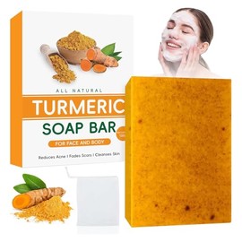 1 Pcs Jabón Turmeric Soap, Jabón de Cúrcuma y Ácido Kójico,Hidratación Profunda, Iluminador de Piel, Reduce Manchas Oscuras y Acné, Suave para Piel...