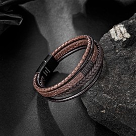 Speroto Mens Bracelet, Adjustable Premium Leather Bracelet for Men in Black and Brown with Stainless Steel Magnetic Clasp, Multi-Layer Braided Genuine Leather Bracelet Gift Idea for Men/Women