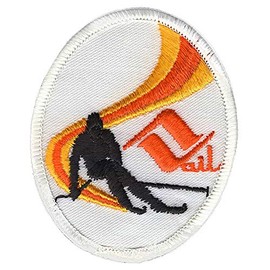 Vail Downhill Skier White 1970s Vintage Embroidered Sew On, Iron On Decorative Original Collector's Patch, 2 1/2 inches diameter