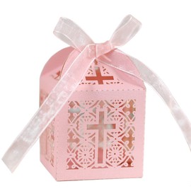 Uposao 50pcs Laser Cut Boxes Hollow Cross Favor Gift Box with Ribbons Christening Decorations Baptism Favor Boxes Chocalate Treat Box for Baby Shower Wedding