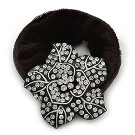 Black Tone Diamante 'Flower' Pony Tail Black Hair Scrunchie - Clear