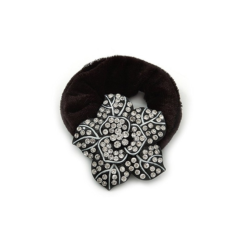 Black Tone Diamante 'Flower' Pony Tail Black Hair Scrunchie -