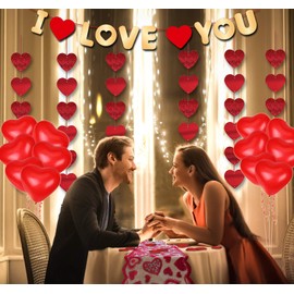 Valentines Day Decorations Kit 1000 Pcs Red Rose Petals 10 Pcs Heart Balloons 6 PCS Heart Garland I Love You Felt Garland Banner Table Runner for Valentines Day Decor Wedding Anniversary Engagement