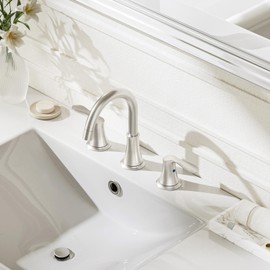 Phiestina 8 Inch Brushed Nickel Widespread Bathroom Faucet - Pull-Out Sprayer, Metal Pop-Up Drain, Water Supply Lines, 2 Handles for 3-Hole Sinks,WFTY36CL-BN