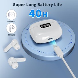 Wireless Earbuds, Bluetooth 5.3 Headphones,ENC Noise Cancelling, Bluetooth Earbuds With 40H Playtime LED Power Display, Hi-Fi Stereo, Touch Control, IP7 Waterproof/Sweatproof Wireless Earphones,White