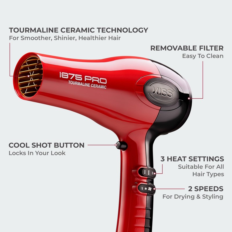 KISS 1875 Watt Pro Tourmaline Ceramic Hair Dryer, Styling Edition,