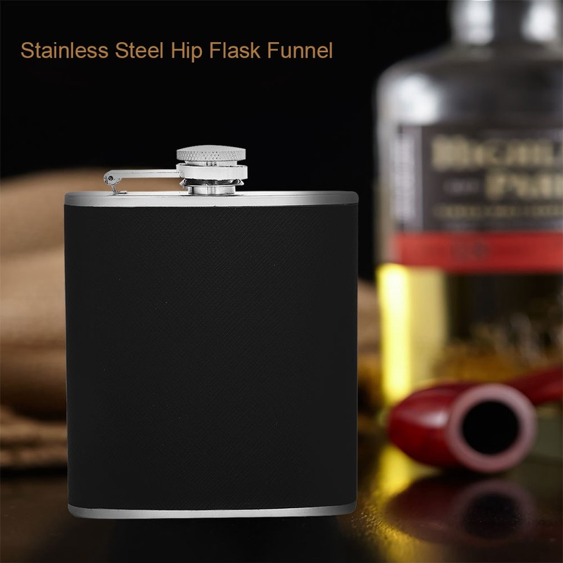 Stainless Steel Hip Flask Black Leather Funnel with Two Wine