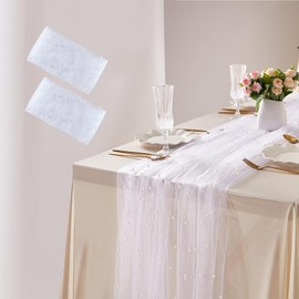 LJIE-House Wedding White Pearl Table Runner - Pearl Table Cloth for Wedding Table Dessert Table Decor 60x120 Inch Tulle Chiffon Table Runner for Bridal Veil Birthday Party Decoration-2 Pack