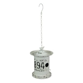 Antiqued White and Black Vintage License Plate Design Metal Hanging Birdhouse/Birdfeeder