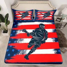 Lacrosse Fitted Sheet Sports Games Bedding Sheet for Boys Girls Children Hockey Player Bed Sheet Set Puck Hockey Blue Red White Star Room Decor Winter Sports Twin Size 2Pcs