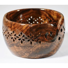 handmade Wooden Yarn Storage Bowl with Carved Holes & Drills Knitting Crochet Accessories