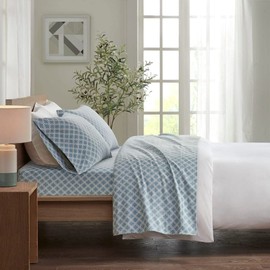 Cozy Sturdy 100% Cotton Weave Flannel Sheet Set | Diamond Artful Print in Soft Subtle Hues | Durable All Season Extra Deep Pocket Aesthetic Bedding | 3 Piece Twin Size Pretty Aqua Blue White Shade