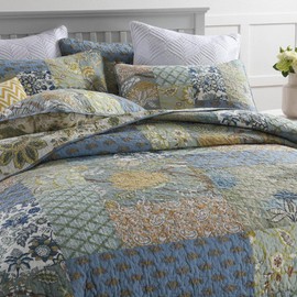 Wistown Cotton Bedspread Bedding Coverlet Quilt Sets, Reversible Vintage Branch Floral Bedspread comforters, (Rustic Sage Green Patchwork Pattern, King Size)