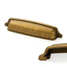 CABDM 10 Pack 5 inch (128mm) Antique Brass Cabinet Cup Pulls Aged Gold Drawer Pulls Kitchen Hardware Vintage Brass Cabinet Handles Drawer Handles Knobs Bin Cup Pull.