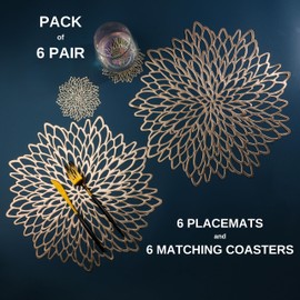 Pairs of 6 Gold Metallic Placemats & Coasters 12 PCS Matching I Laminated Vinyl Round Leaf Plastic Dinning Table Mats Decoration Morden By Snowkingdom