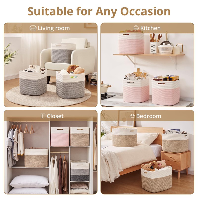 OIAHOMY 3-Pack Kallax Storage Cubes, Cotton Rope Woven Baskets for