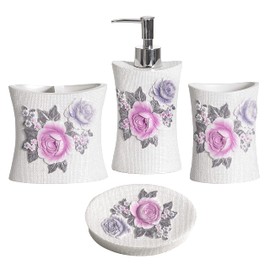Zahari Home 4pc Michelle Bathroom Accessories Sets Lotion Pump, Tumbler, Tooth Brush Holder and Soap Dish Unique Design Floral Bathroom Set