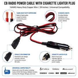 CB Radio Power Cord 3Pin Plug Cable 2-Wire 16AWG Fused Power Cable with 15A Fuse Compatible with Cobra Galaxy Midland Ham Radios (Black)