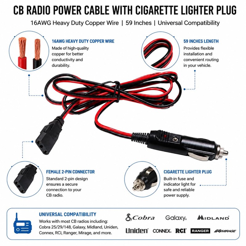 CB Radio Power Cord 3Pin Plug Cable 2-Wire 16AWG Fused