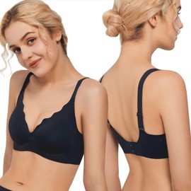 BKEPDY Women's Bra without Underwire V Neck Soft Cup Bra Push Up Classic Bra Soft Comfortable Invisible Seamless Stretch Under Clothing with Adjustable Shoulder Strap, Black XL