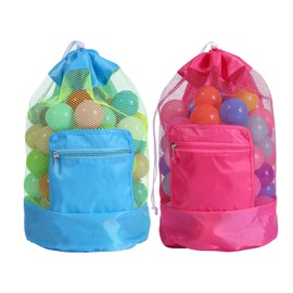 Yharnamite 2 Pcs Beach Toy Backpacks, Foldable Mesh Drawstring Backpack Portable Large Mesh Beach Bag for Kids, Men, Women, Pool, Gym, Sports (Blue&Red)