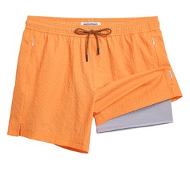 maamgic Men's Swim Trunks 5.5 inch Seersucker 2 in 1 Beach Shorts Quick Dry Bathing Suits with Compression Liner Apricot Large